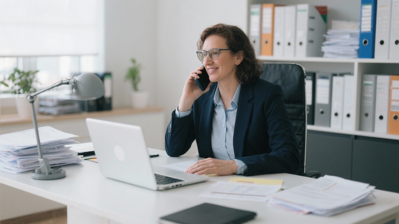 Client relationship manager speaking by phone at a modern desk surrounded by organized documents, ensuring attentive support for Portuguese investors and retirees.