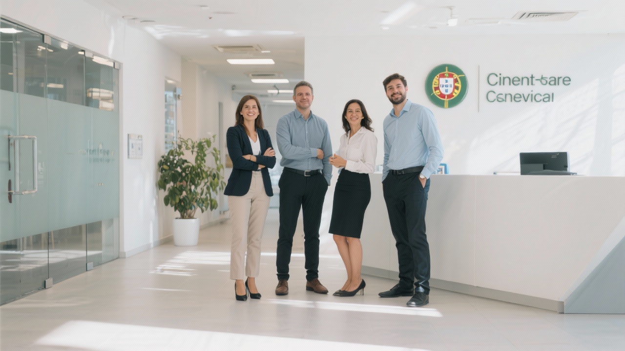 Small Portuguese financial consultancy team standing together in a bright office lobby, showcasing collaborative culture, inclusive leadership and focus on client-first service principles.