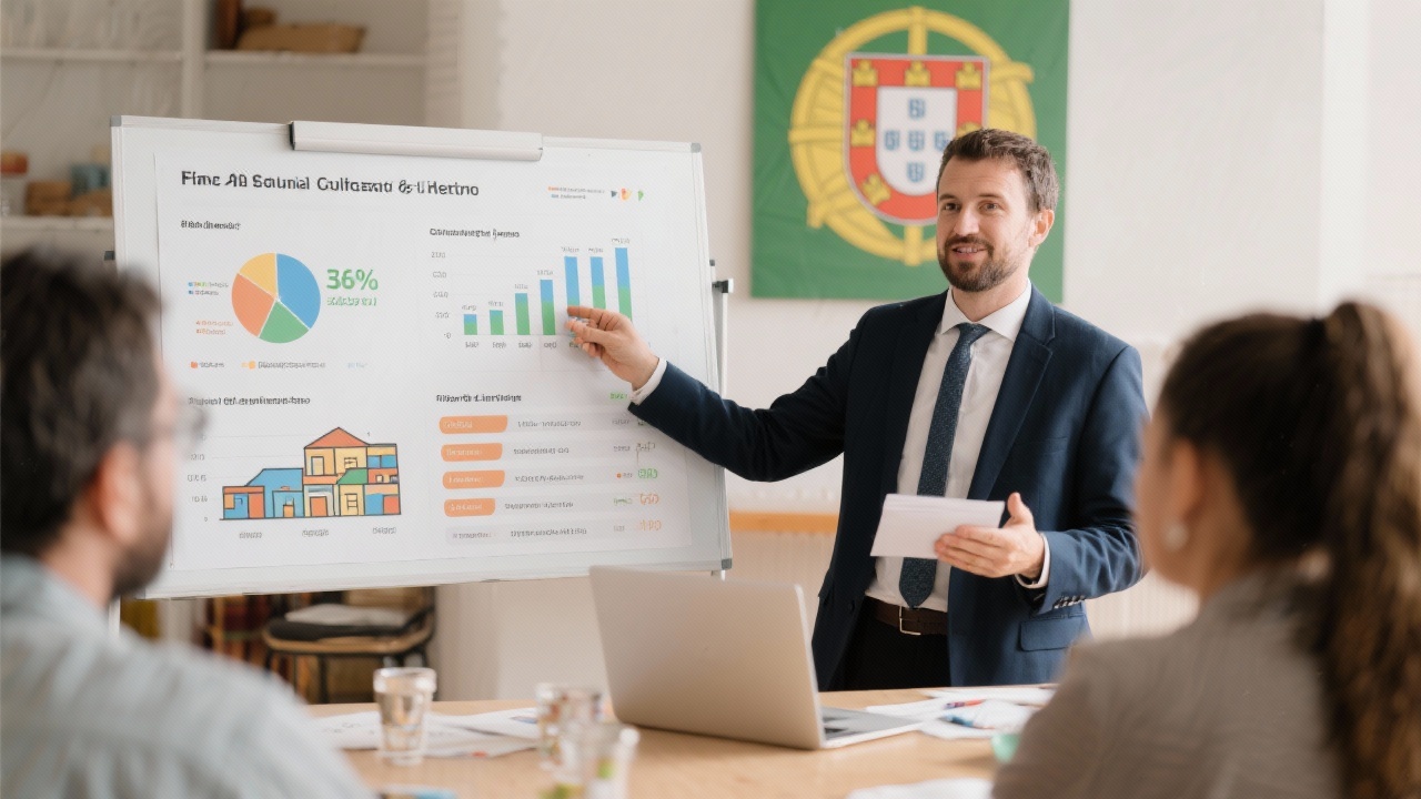 Financial advisor presenting community literacy workshop results with charts showing increased savings rates among Portuguese households participating in tailored budgeting sessions.
