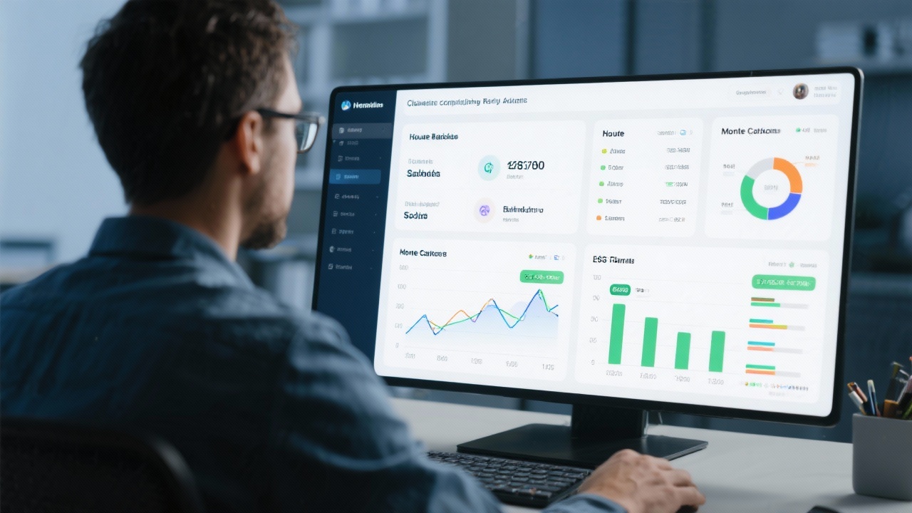 Data analyst monitors compliance-ready analytics dashboard displaying household balance sheets, Monte Carlo simulations, and ESG filters to support transparent advisory documentation.
