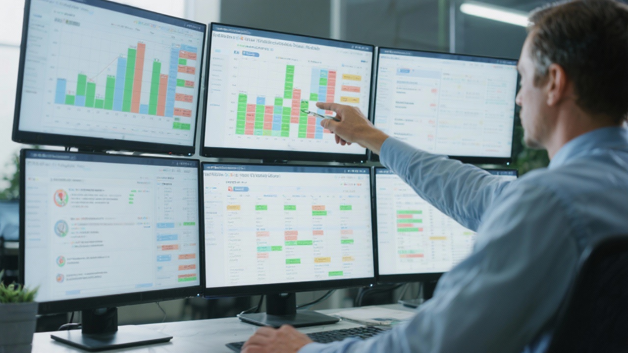 Risk manager evaluating scenario matrices on multiple monitors to adjust liquidity buffers, credit exposure thresholds, and contingency plans for private clients.