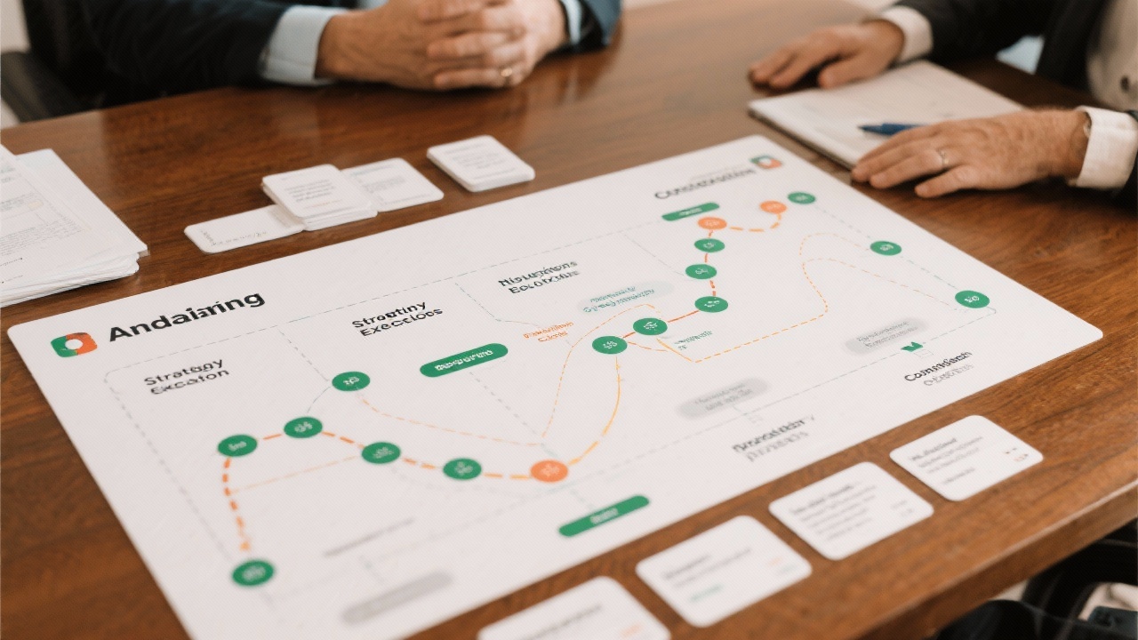 Consultant arranging roadmap cards on a table to illustrate onboarding, strategy execution, review cycles, and compliance checkpoints for Portuguese households.