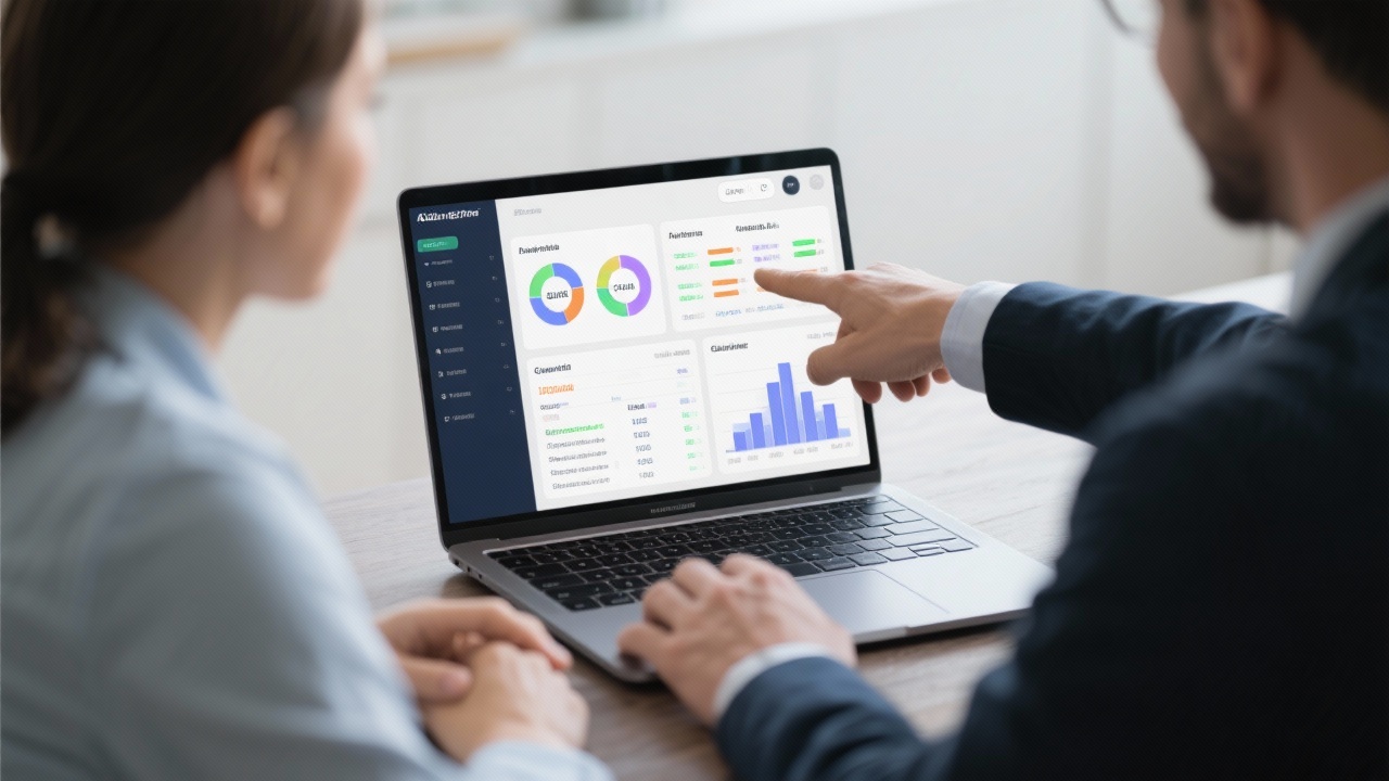 Advisor pointing at customizable dashboard on a laptop while client reviews goal-based allocation templates for medium term projects and capital preservation strategies.
